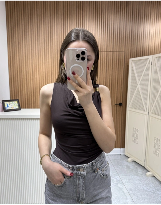 Yandan Drapeli Bodysuit Kahve