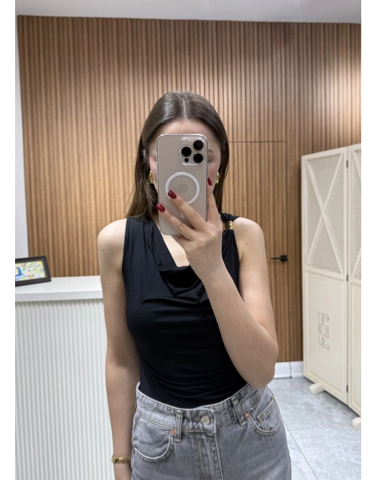 Yandan Drapeli Bodysuit Siyah