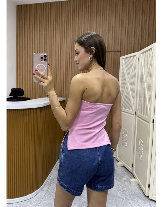 Yanı Yırtmaçlı Drapeli Pembe Straplez Bluz