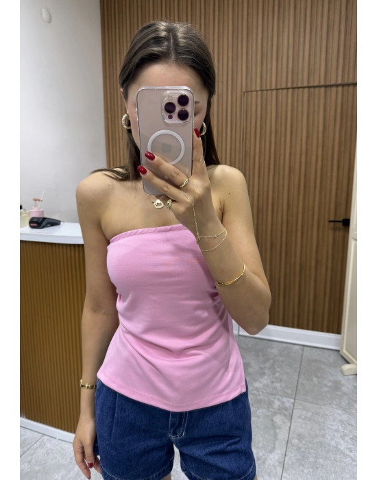 Yanı Yırtmaçlı Drapeli Pembe Straplez Bluz