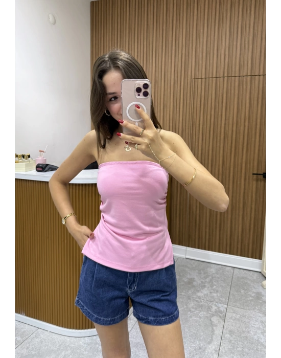 Yanı Yırtmaçlı Drapeli Pembe Straplez Bluz