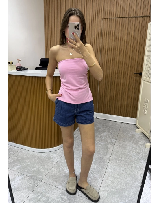 Yanı Yırtmaçlı Drapeli Pembe Straplez Bluz
