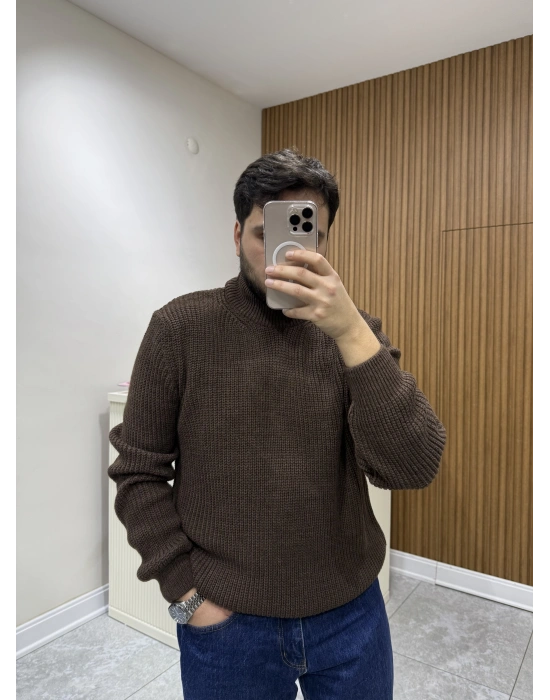 Yarım Balıkçı Triko Kazak Kahve