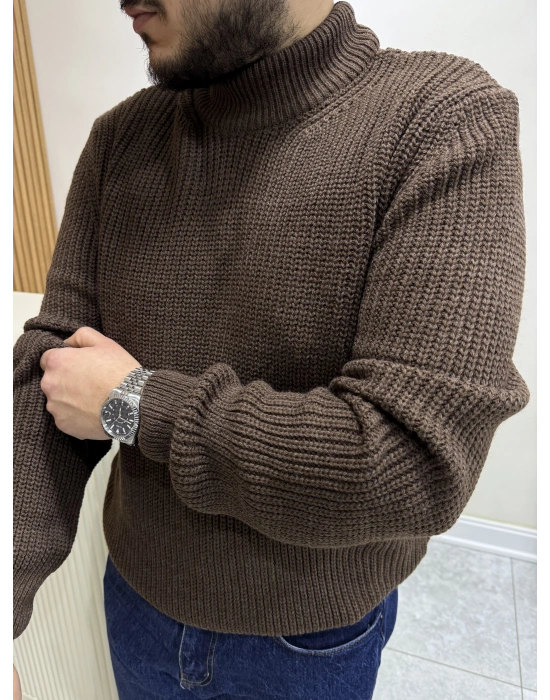 Yarım Balıkçı Triko Kazak Kahve