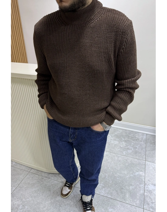 Yarım Balıkçı Triko Kazak Kahve