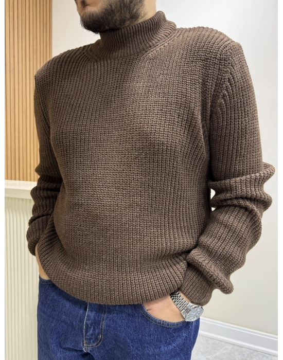 Yarım Balıkçı Triko Kazak Kahve