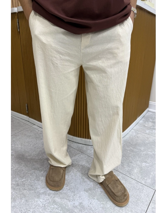 Yıkanmış Keten Baggy Naturel Pantolon