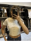 Trok Taşlı Triko Beyaz