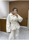 Bel Kuşaklı Denim Ceket Bej