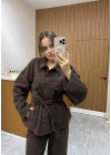 Bel Kuşaklı Denim Ceket Kahve