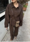 Beli Kuşaklı Ceket Pantolon Kahve Takım