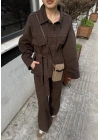 Beli Kuşaklı Ceket Pantolon Kahve Takım