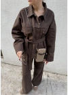 Beli Kuşaklı Ceket Pantolon Kahve Takım