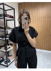 Dik Yaka Kuşaklı Yelek Siyah