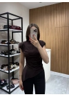 Vatkalı Asimetrik Kesim Bluz Kahve