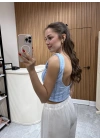 Sırt Dekolteli Bluz Mavi