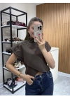 Dik Yaka Gömlek Bluz Kahve