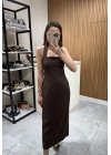 Boyundan Askılı Midi Elbise Kahve