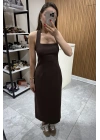 Boyundan Askılı Midi Elbise Kahve