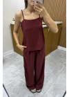 Askılı Bluz Pantolon Bordo Takım