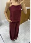 Askılı Bluz Pantolon Bordo Takım