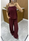 Askılı Bluz Pantolon Bordo Takım