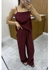 Askılı Bluz Pantolon Bordo Takım