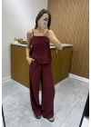 Askılı Bluz Pantolon Bordo Takım