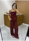 Askılı Bluz Pantolon Bordo Takım