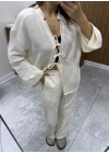 Bağlamalı Bluz Pantolon Bej Müslin Takım