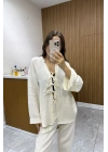 Bağlamalı Bluz Pantolon Bej Müslin Takım