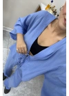 Bağlamalı Bluz Pantolon Mavi Keten Takım