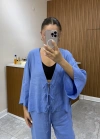 Bağlamalı Bluz Pantolon Mavi Keten Takım