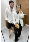 Belden Bağlamalı Keten Gömlek Beyaz