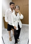 Belden Bağlamalı Keten Gömlek Beyaz