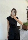 Beli Düğme Detaylı Bluz Pantolon Takım Siyah