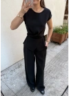 Beli Düğme Detaylı Bluz Pantolon Takım Siyah