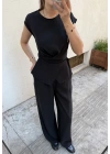 Beli Düğme Detaylı Bluz Pantolon Takım Siyah