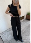 Beli Düğme Detaylı Bluz Pantolon Takım Siyah