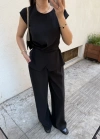 Beli Düğme Detaylı Bluz Pantolon Takım Siyah