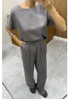 Bluz Pantolon Gri Saten Takım