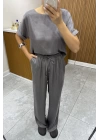 Bluz Pantolon Gri Saten Takım