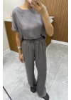 Bluz Pantolon Gri Saten Takım