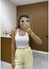 Boyundan Geçirmeli Fitilli Beyaz Bluz