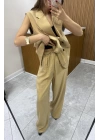 Düğme Detaylı Yelek Pantolon Camel Takım