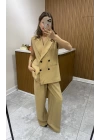 Düğme Detaylı Yelek Pantolon Camel Takım