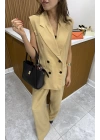 Düğme Detaylı Yelek Pantolon Camel Takım