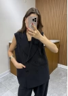 Düğme Detaylı Yelek Pantolon Siyah Takım
