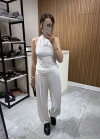 Halter Yaka Büzgülü Bluz Pantolon Takım Beyaz