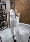 Halter Yaka Büzgülü Bluz Pantolon Takım Beyaz